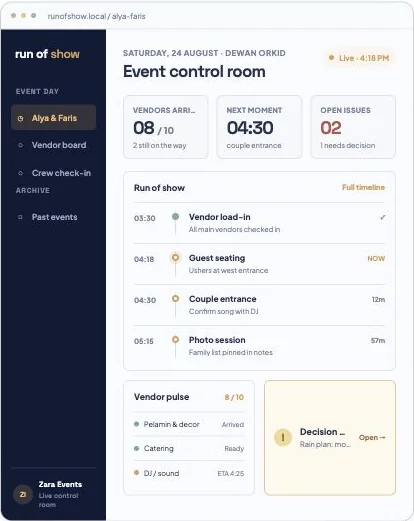 Screenshot mockup Event Control Room untuk event planner