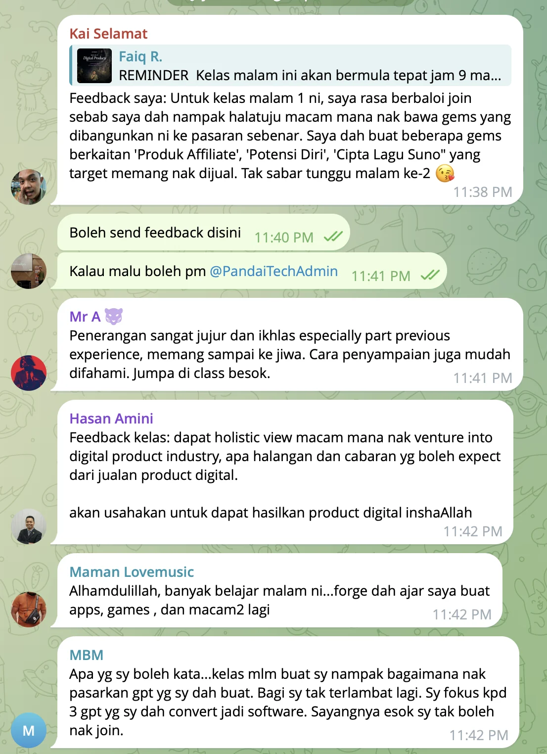 Maklum balas peserta selepas malam pertama kelas