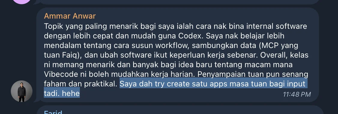 Review Ammar Anwar yang berjaya mencuba membina aplikasi semasa kelas