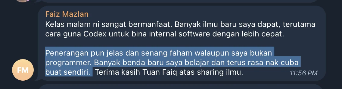 Review Faiz Mazlan tentang kelas yang jelas dan mudah diikuti walaupun bukan programmer