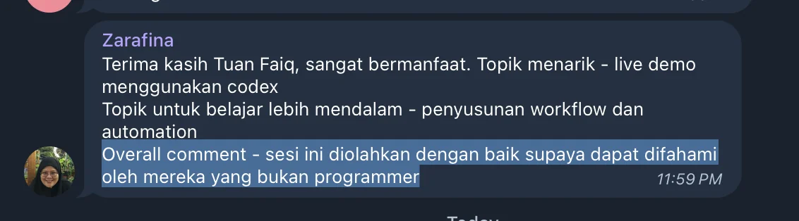 Review Zarafina tentang live demo Codex, workflow dan automation yang mudah difahami oleh bukan programmer