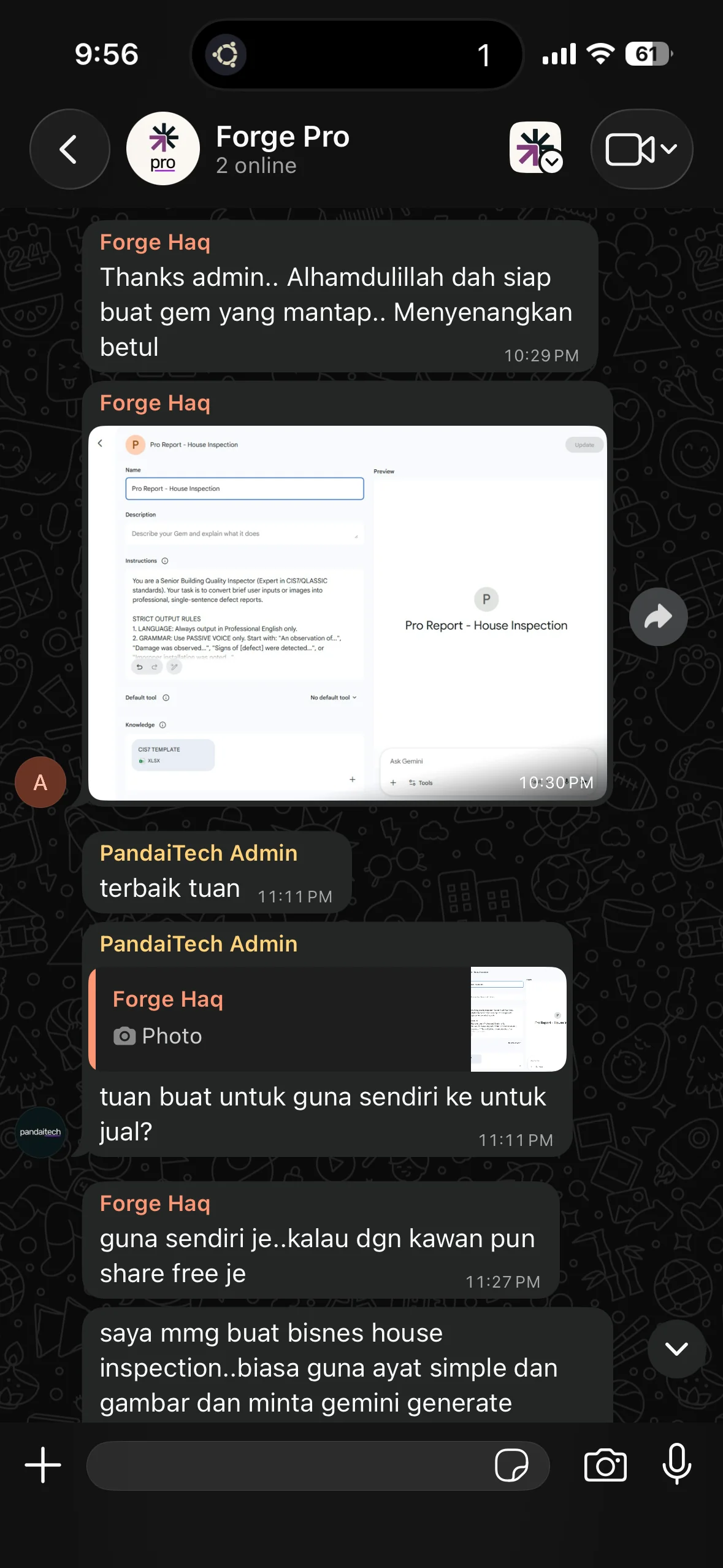 Screenshot WhatsApp: maklum balas positif pengguna Forge.