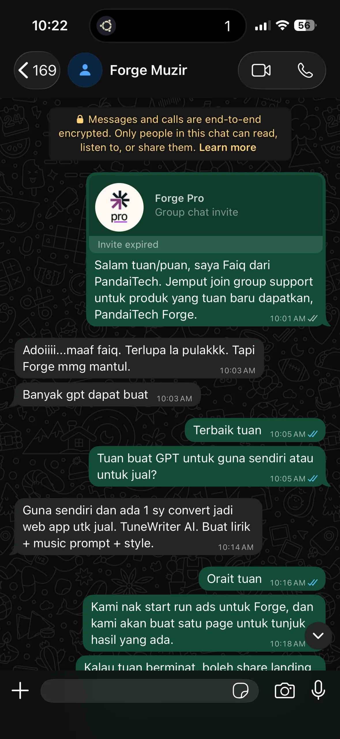 Screenshot WhatsApp: maklum balas positif pengguna Forge.