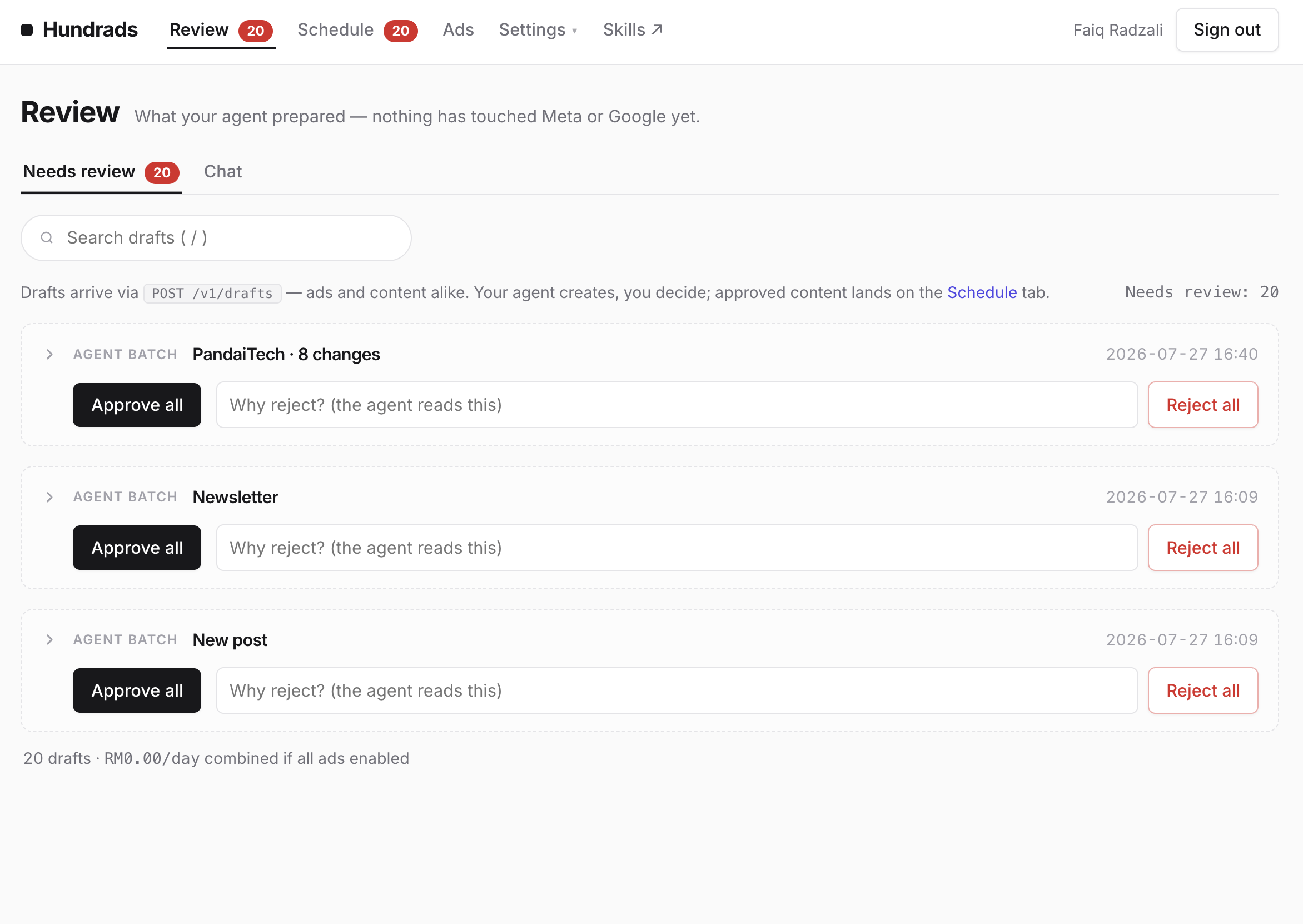 Paparan review dan approval dalam Hundrads